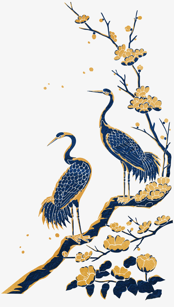 中式金色描边 蓝色 飞鹤免抠