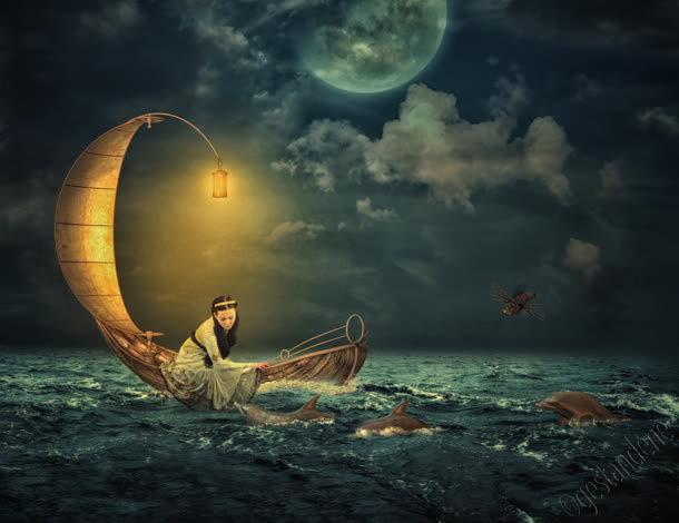 童话风意境海上美女海豚海上夜景免抠