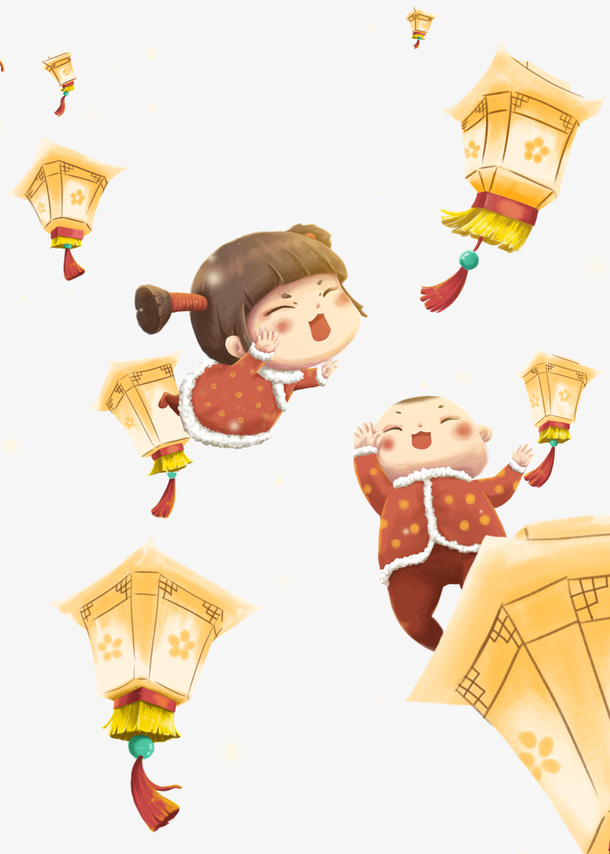 灯笼小孩在空中飘荡免抠