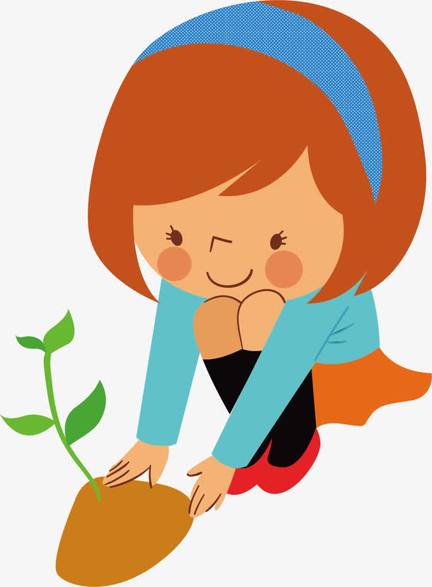 卡通种树的小女孩免抠