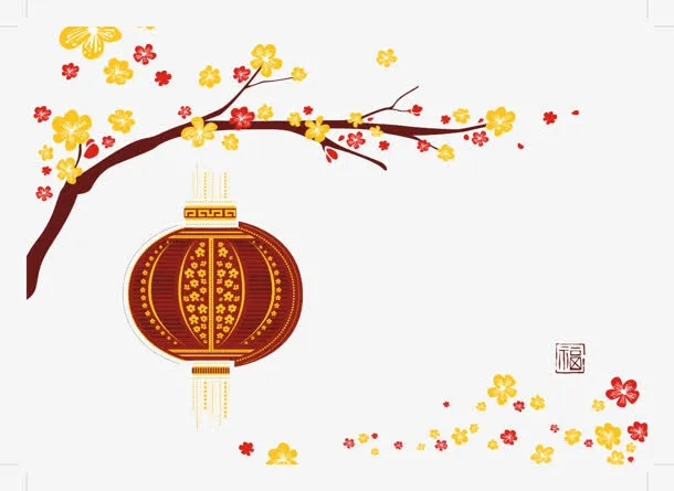 红灯笼手绘树枝春节免抠