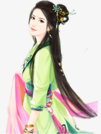 立绘古风绿衣长发红丝带女子免抠