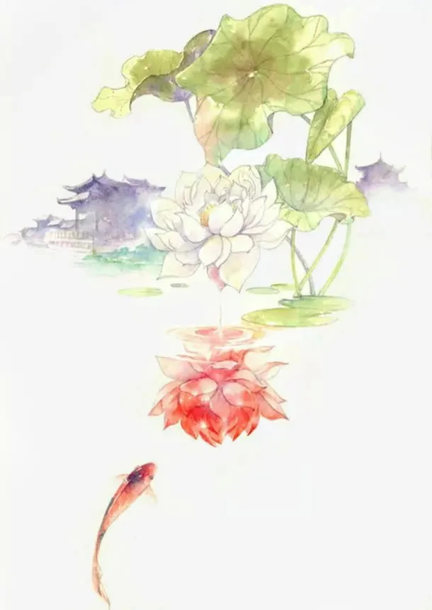 唯美古风水彩插画免抠