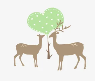 绿色心形树下的两只小鹿免抠