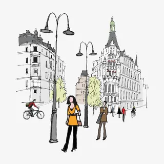 手绘城市街道插画免抠