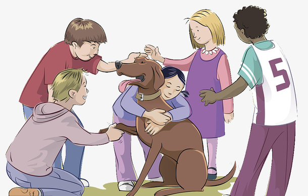 卡通插图与狗玩闹的小孩子们免抠