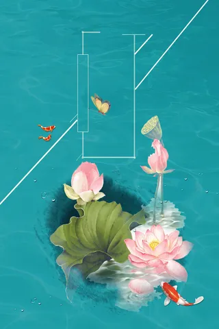 古风文艺彩绘荷塘月色海报背景高清