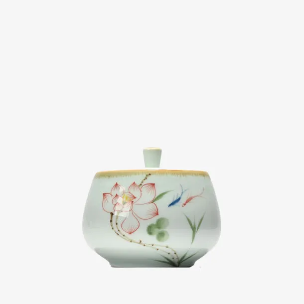 手绘白瓷荷花茶叶罐免抠