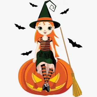 可爱的卡通小女巫坐在南瓜灯上免抠