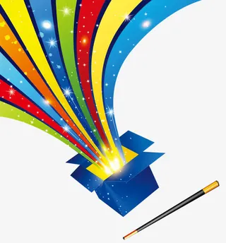 蓝色魔法盒里的梦幻条纹和魔法棒免抠