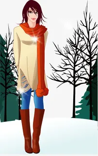 穿靴子走在雪地里的时尚矢量美女免抠