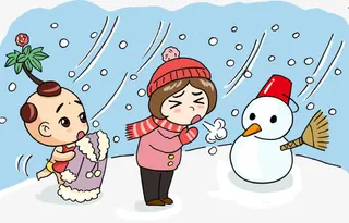 手绘冬天雪地里小孩子雪人插画免抠