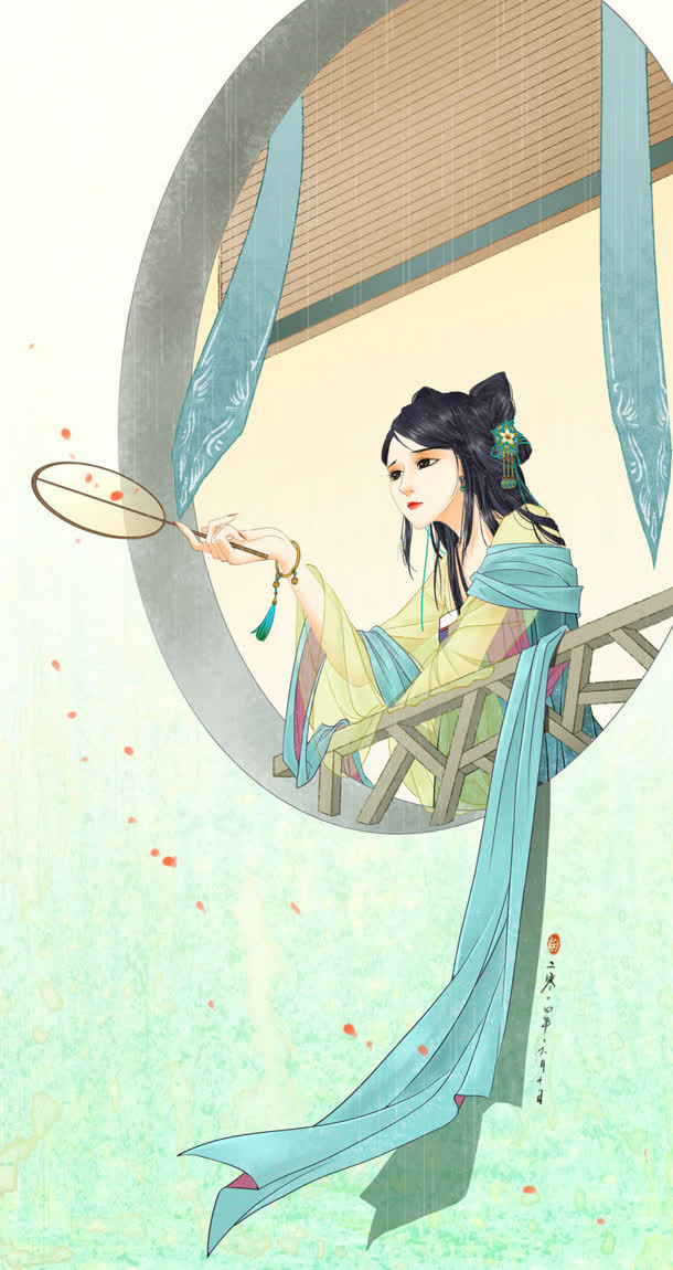 手绘古风雨天美女免抠