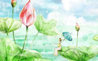 手绘彩色海面荷花免抠