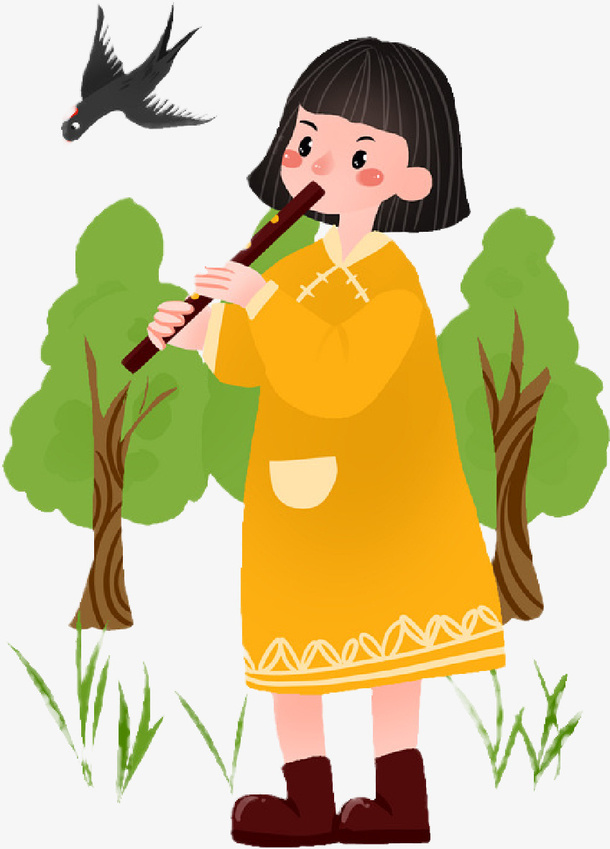 女孩吹箫春天免抠