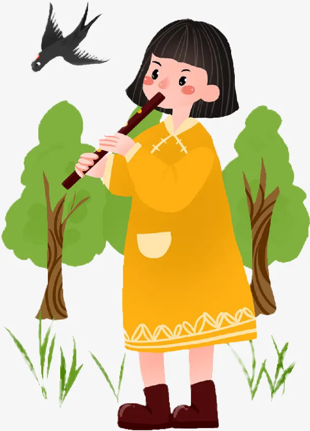 女孩吹箫春天免抠