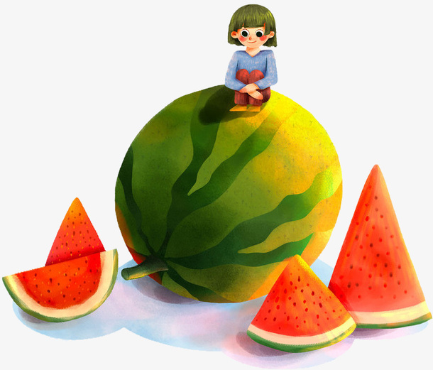 手绘女孩坐西瓜上免抠