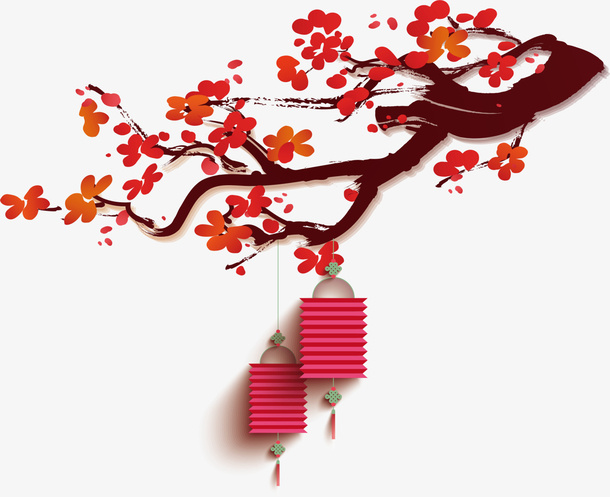红色中国风花枝灯笼免抠