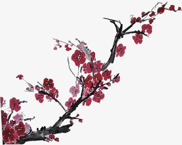 红色复古手绘水墨梅花免抠