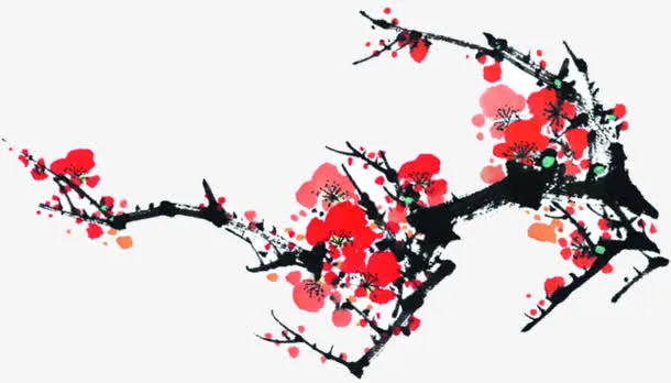 红梅花枝毛笔字水墨画免抠