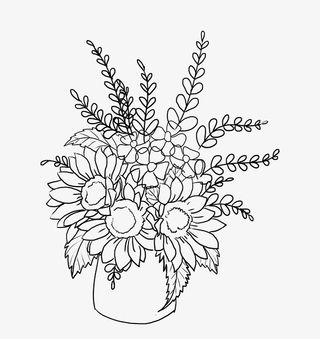 黑白简约绿叶鲜花手绘素材免抠