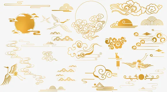 金色中秋月亮烟雾玉兔仙鹤免抠 金色中秋月亮烟雾玉兔仙鹤免抠