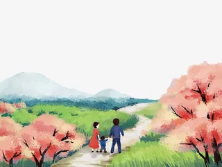 春节家庭出游手绘免抠