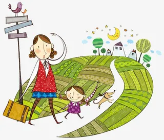 手绘母女回家插画免抠