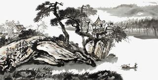 黑白水墨画亭台小歇免抠