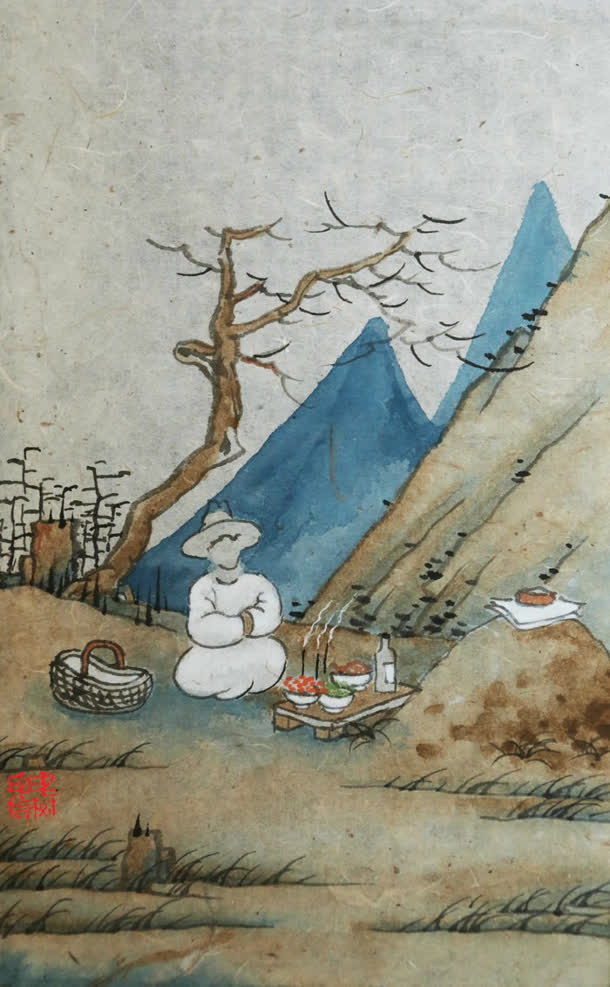 山间祭祀的人水墨画海报背景