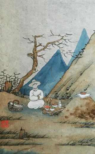 山间祭祀的人水墨画海报背景