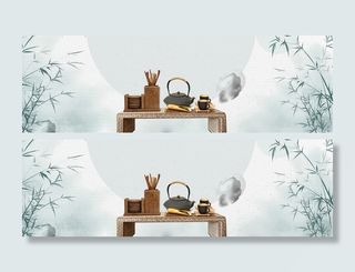 古典茶具竹叶小清新banner高清