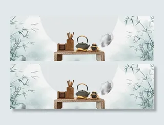 古典茶具竹叶小清新banner高清
