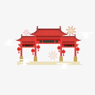 喜迎中秋贺国庆中国风卡通建筑手免抠