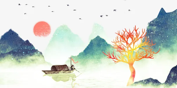 彩绘中国风山水插画元素免抠手绘/卡通手绘元素