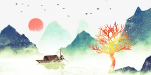 彩绘中国风山水插画元素免抠手绘/卡通手绘元素