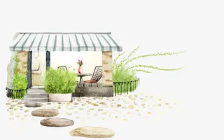 手绘凉亭边的青草和石子路免抠