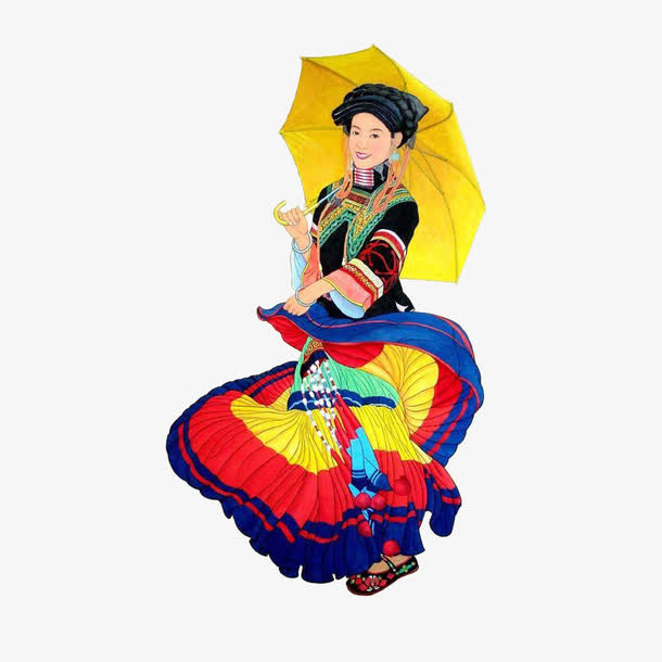 手绘彝族美女拿着羽扇跳舞插画免免抠