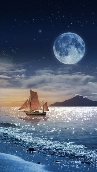 蓝天大海月亮风景手机端H5背景素材高清