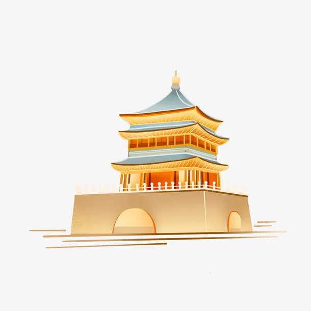中式手绘塔楼装饰免抠