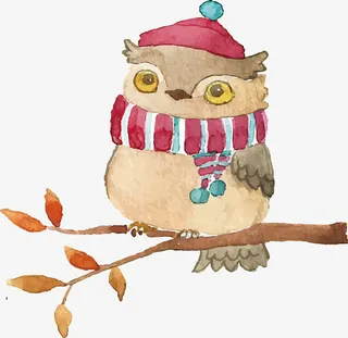 手绘树枝上的猫头鹰免抠