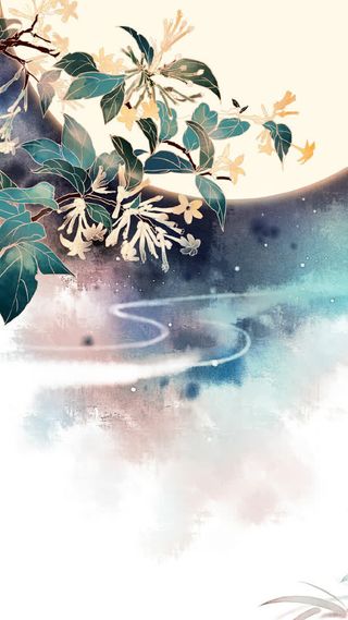 手绘夜晚树枝花朵插画免抠
