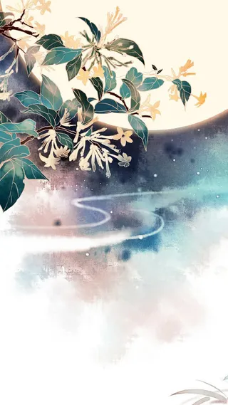 手绘夜晚树枝花朵插画免抠