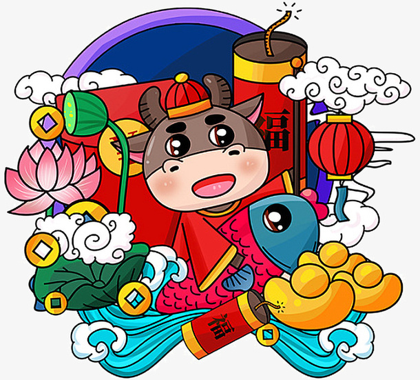 卡通手绘牛年元素免抠