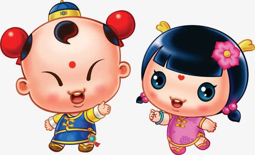 金童玉女拜年春节中国风蓝粉免抠