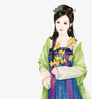 手绘古风手持绿叶树枝女子免抠