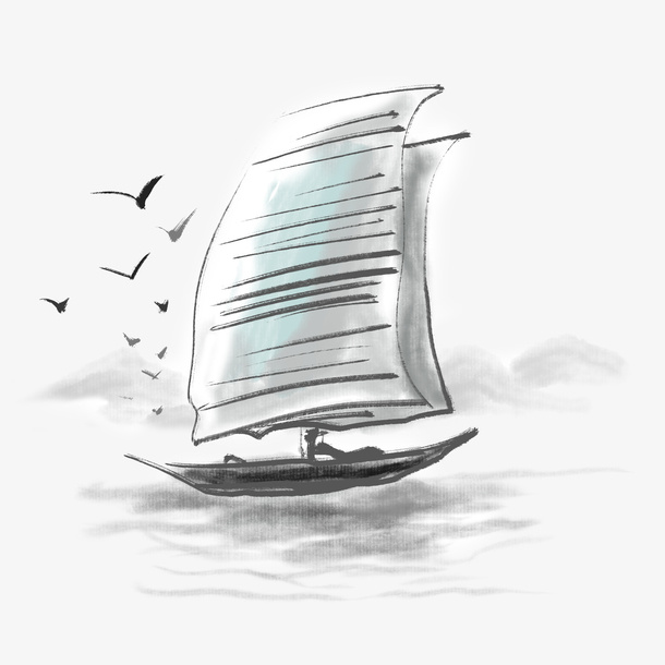 中国风手绘水墨海鸥带帆小船透明素材免抠