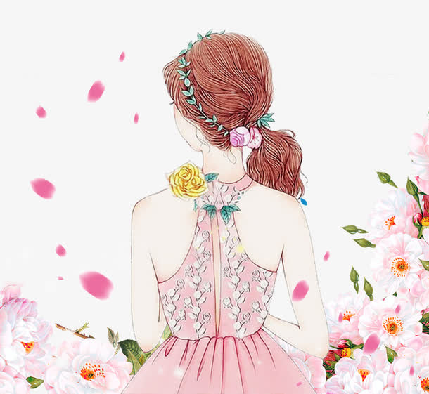免抠卡通手绘花丛里的女孩免抠