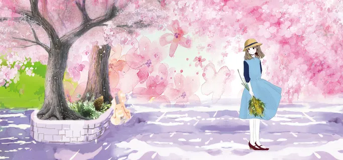 夏日文艺粉色花瓣女孩梦幻背景高清