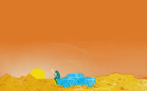布贴风格夕阳下的坐在汽车上的人高清
